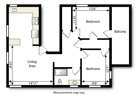 Floor plan for 2 beds, 1 bath, 790 sqft
